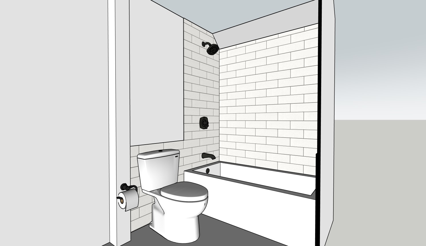 3D SketchUp design render of planned bathroom tub surround with subway tile and matte black fixtures in Carrboro NC